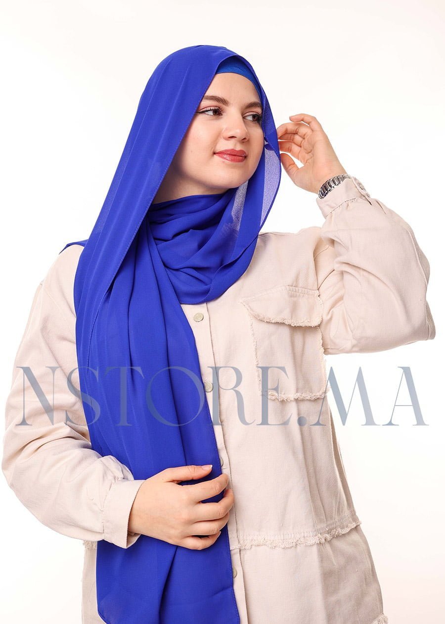 شال كريب بالبوني يربط من الخلف - أزرق ملكي -