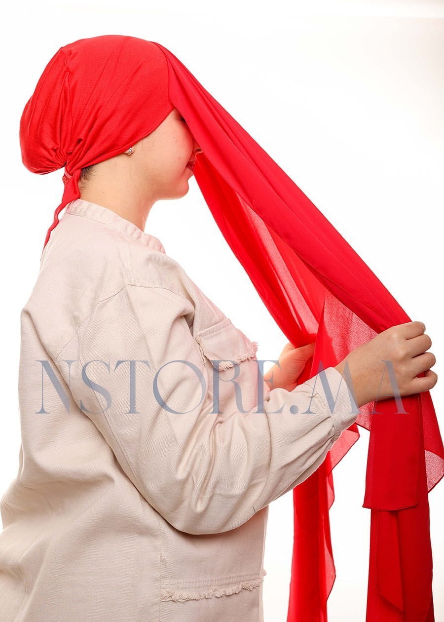 شال كريب بالبوني يربط من الخلف - أحمر -