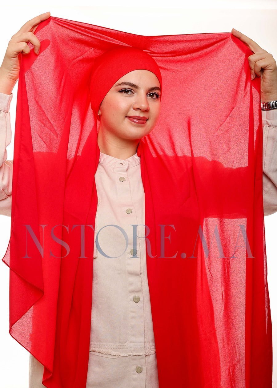 شال كريب بالبوني يربط من الخلف - أحمر -